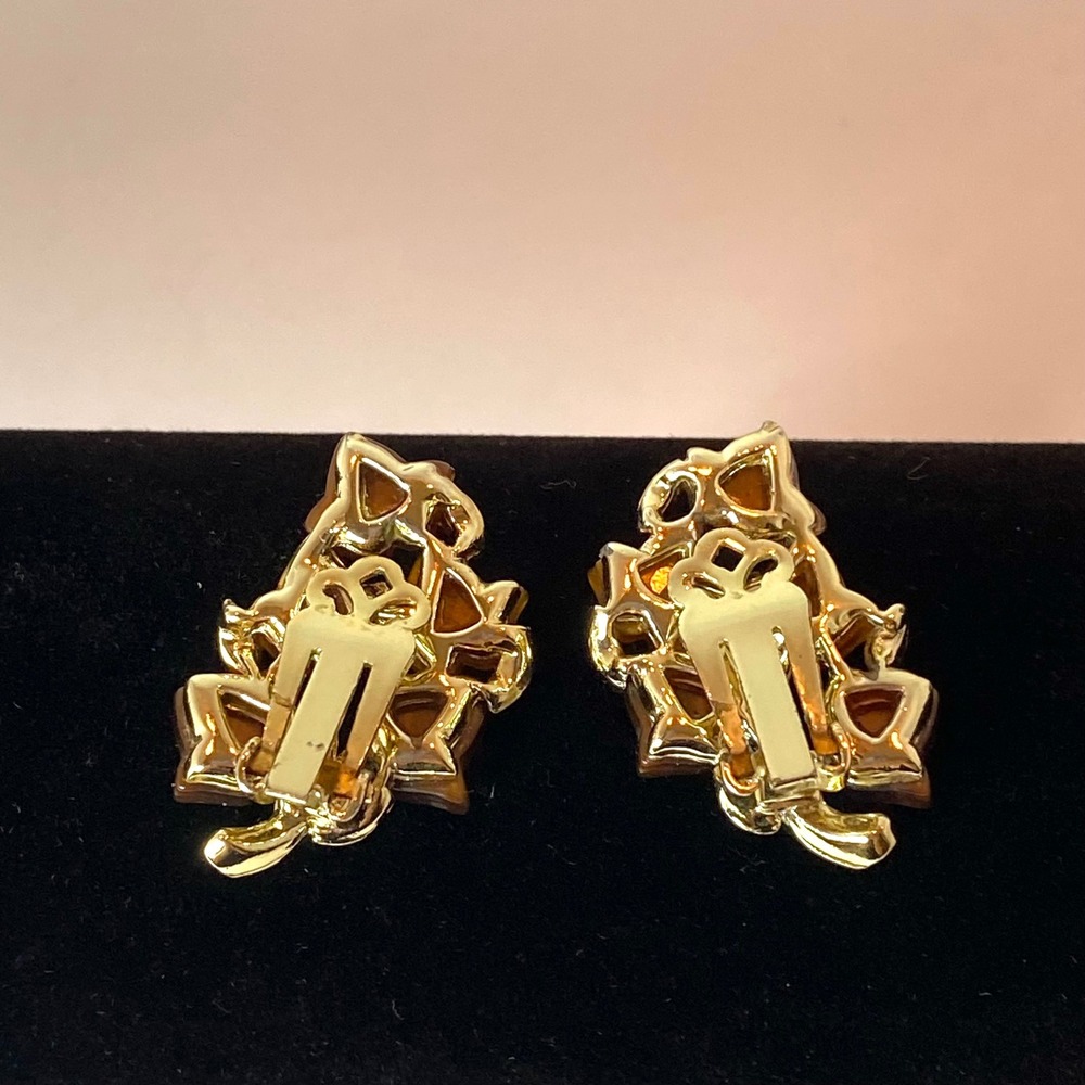 Vintage‎ Thermoset Lucite Moonglow Brown Leaf Cluster Clip On Earrings Retro MCM - Picture 4 of 5